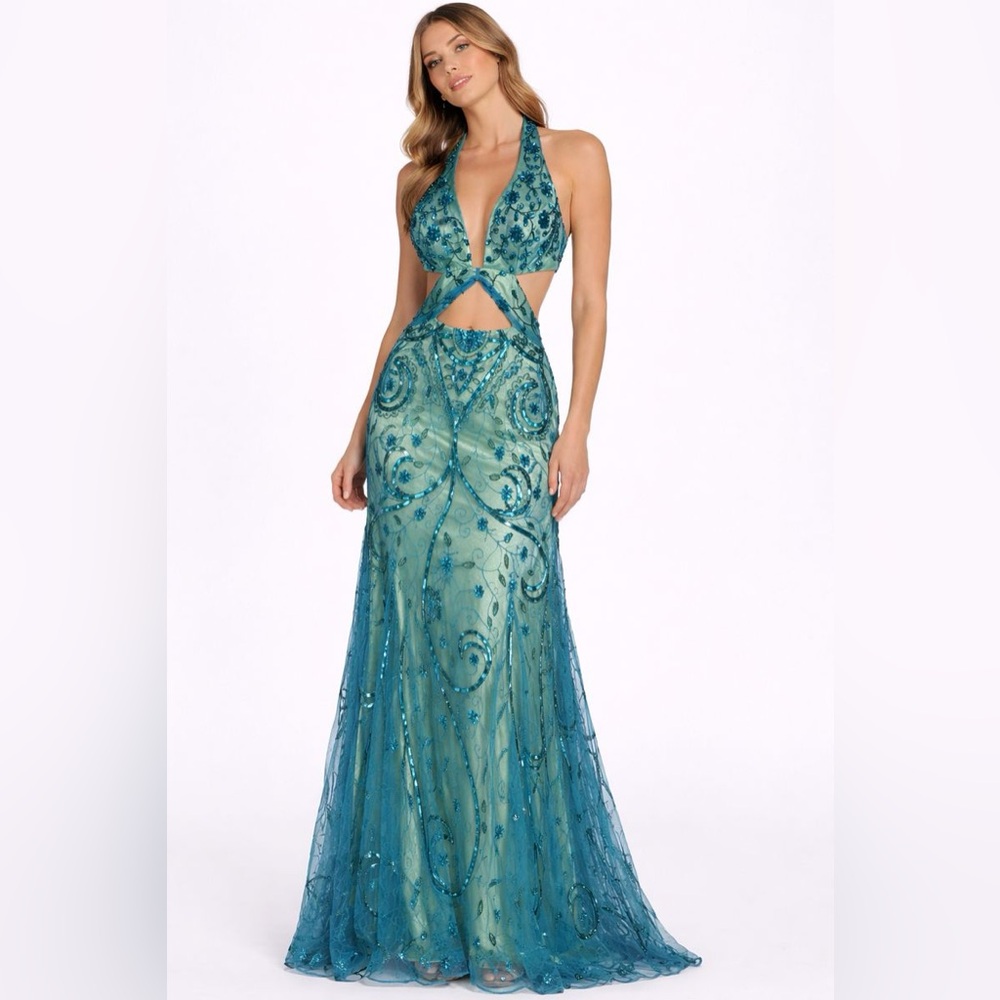 SILK RARE NWT Caché Vintage Beaded Formal Mermaid Halter Cut-Out‎ Dress